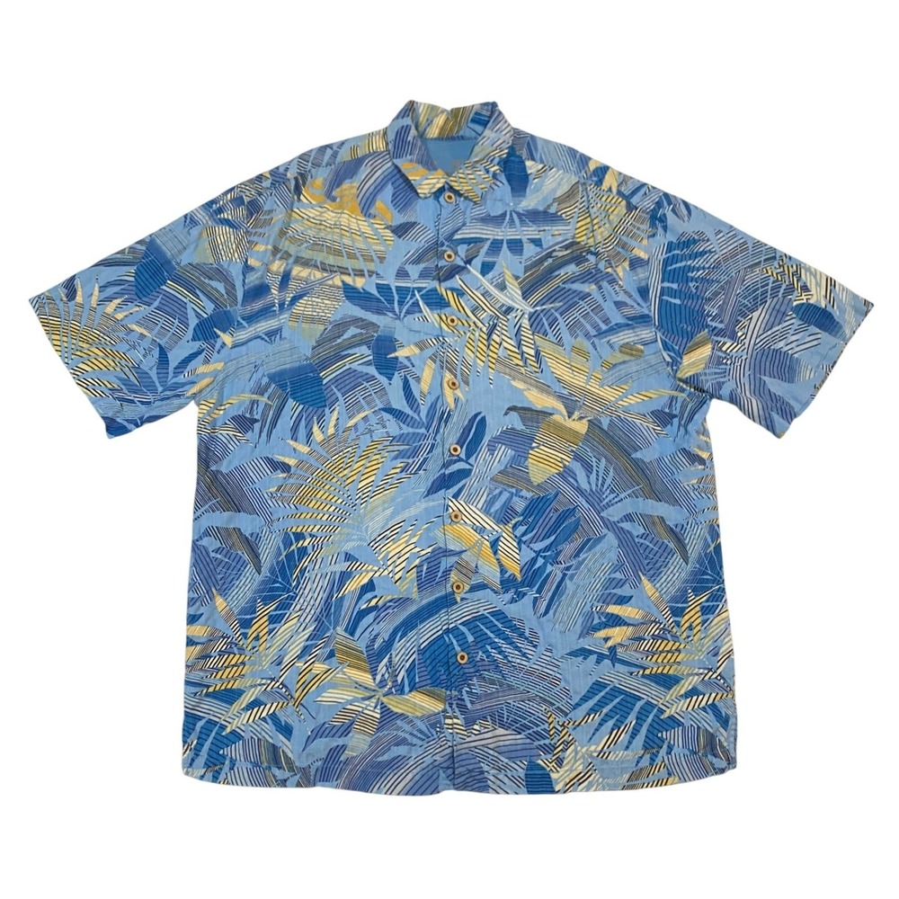 Tommy Bahama Mens XLT Blue Tropical Palm Leaf 100% Silk Hawaiian Shirt